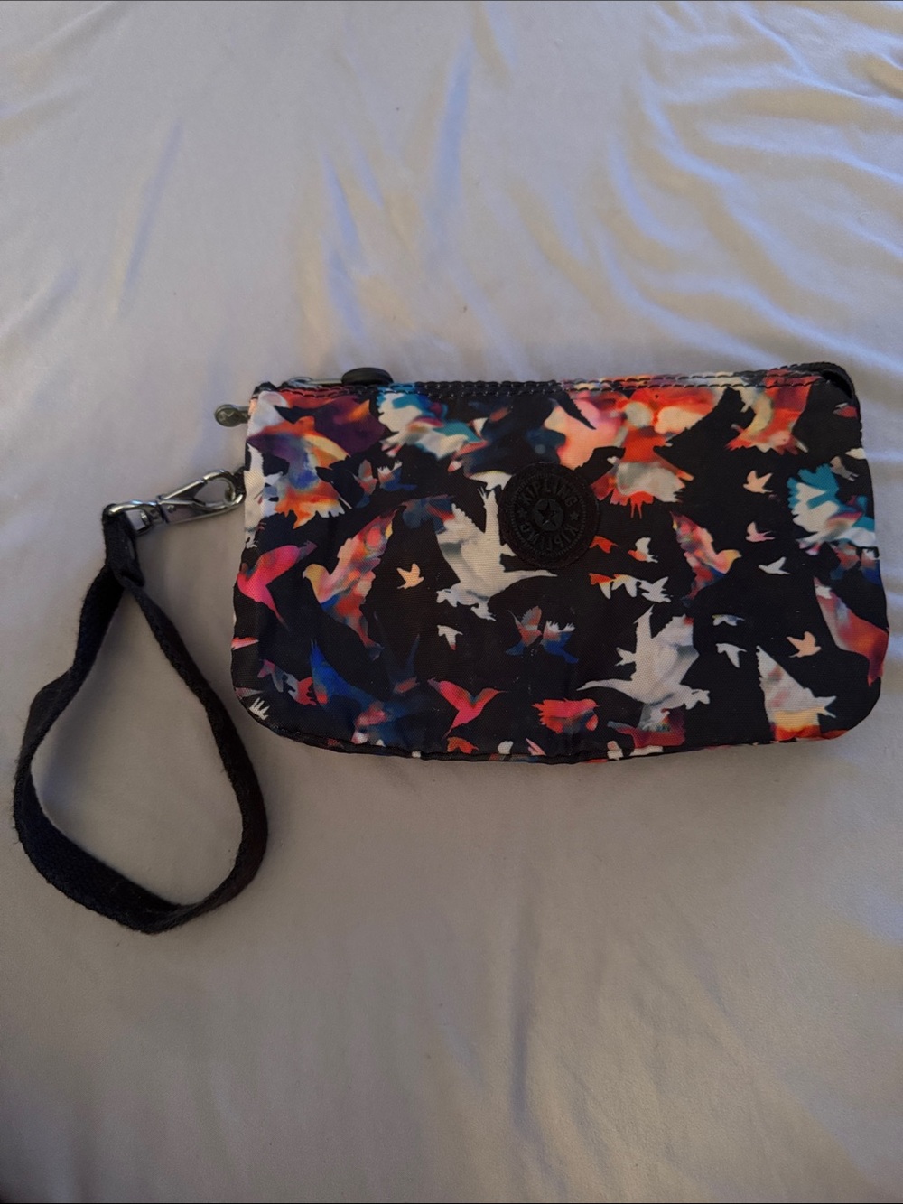 Kipling Black Multicolor Bird-Print Wristlet creativity bag